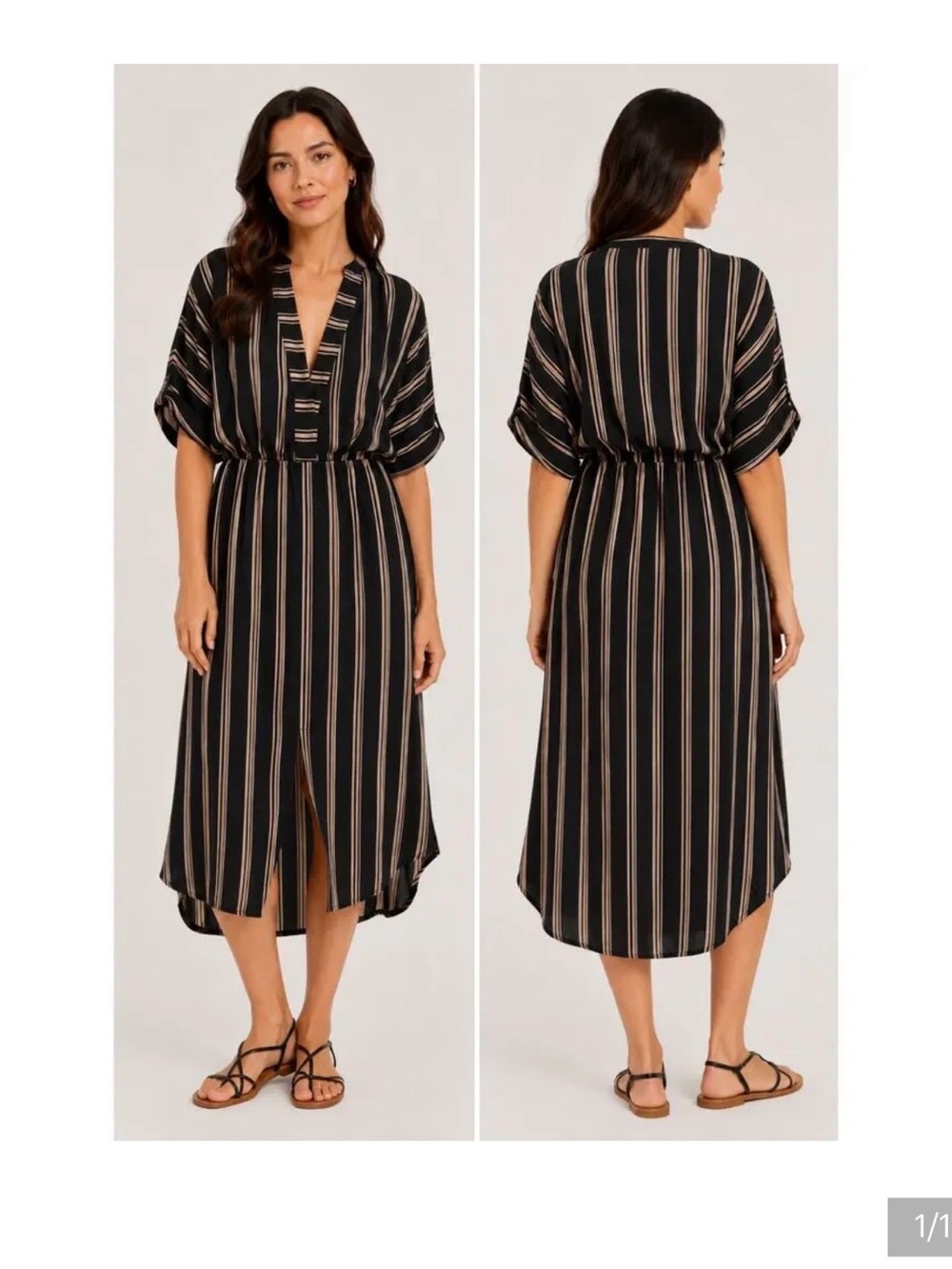 Black Striped Midi Dress with V-Neck and Cinched Waist